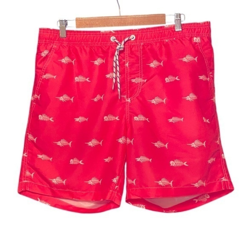 NA XXXX ???? 
Salmon Pink & White Fish Print Swim 5in Shorts Trunks Mesh